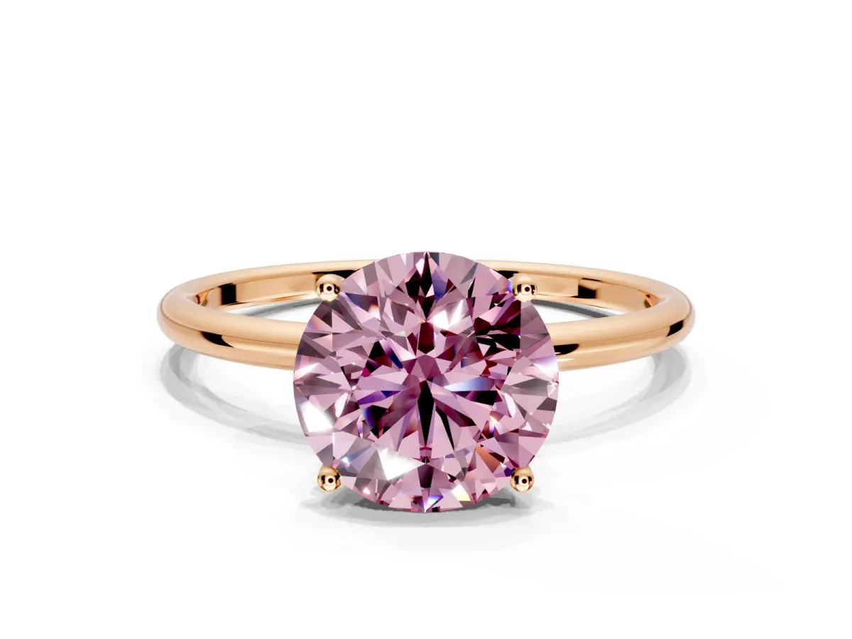 Solitaire Engagement Ring Setting for Fancy Pink Round Cut Center with Straight Thin Band and Prong Head in Rose Gold