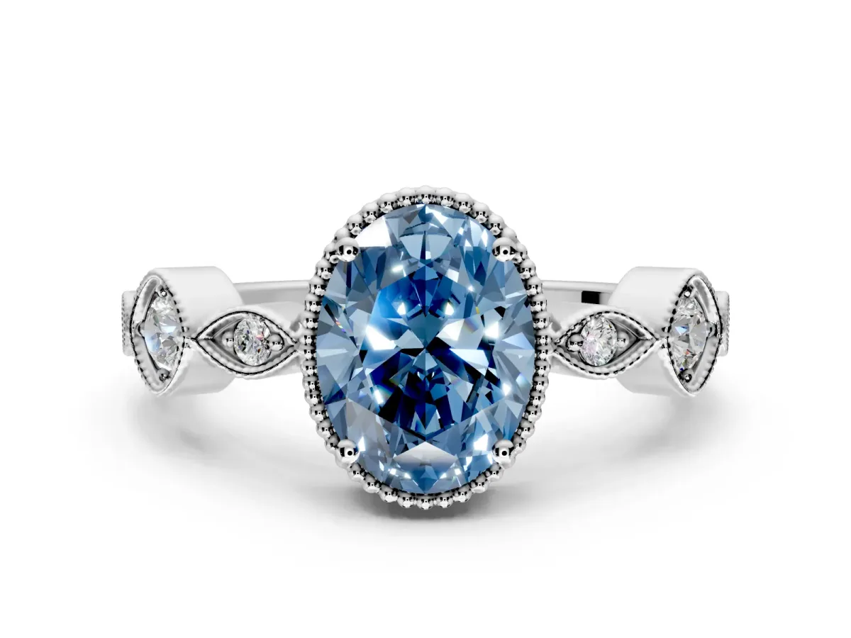 Vintage Station Engagement Ring Setting for Fancy Blue Oval Center with Accents and Prong Head in Sterling Silver