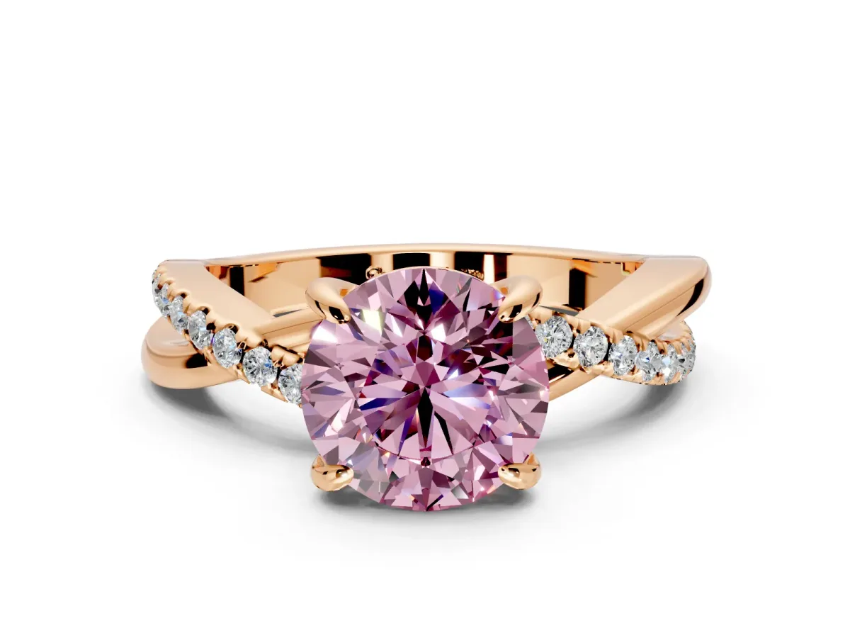 Solitaire Engagement Ring Setting for Fancy Pink Round Cut Center with Half-Pave Crossover Band and Prong Head in Rose Gold