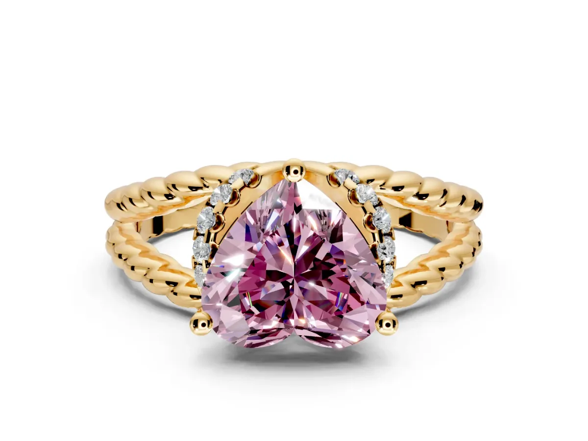 Halo Engagement Ring Setting for Fancy Pink Heart-Shaped Center with Rope Twist Split Shank and Prong Head in Yellow Gold