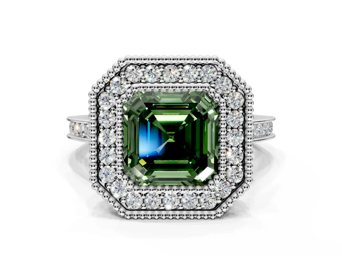Halo Engagement Ring Setting for Fancy Green Asscher Cut Center with Milgrain Frame, Pave Band and Prong Head in Sterling Silver