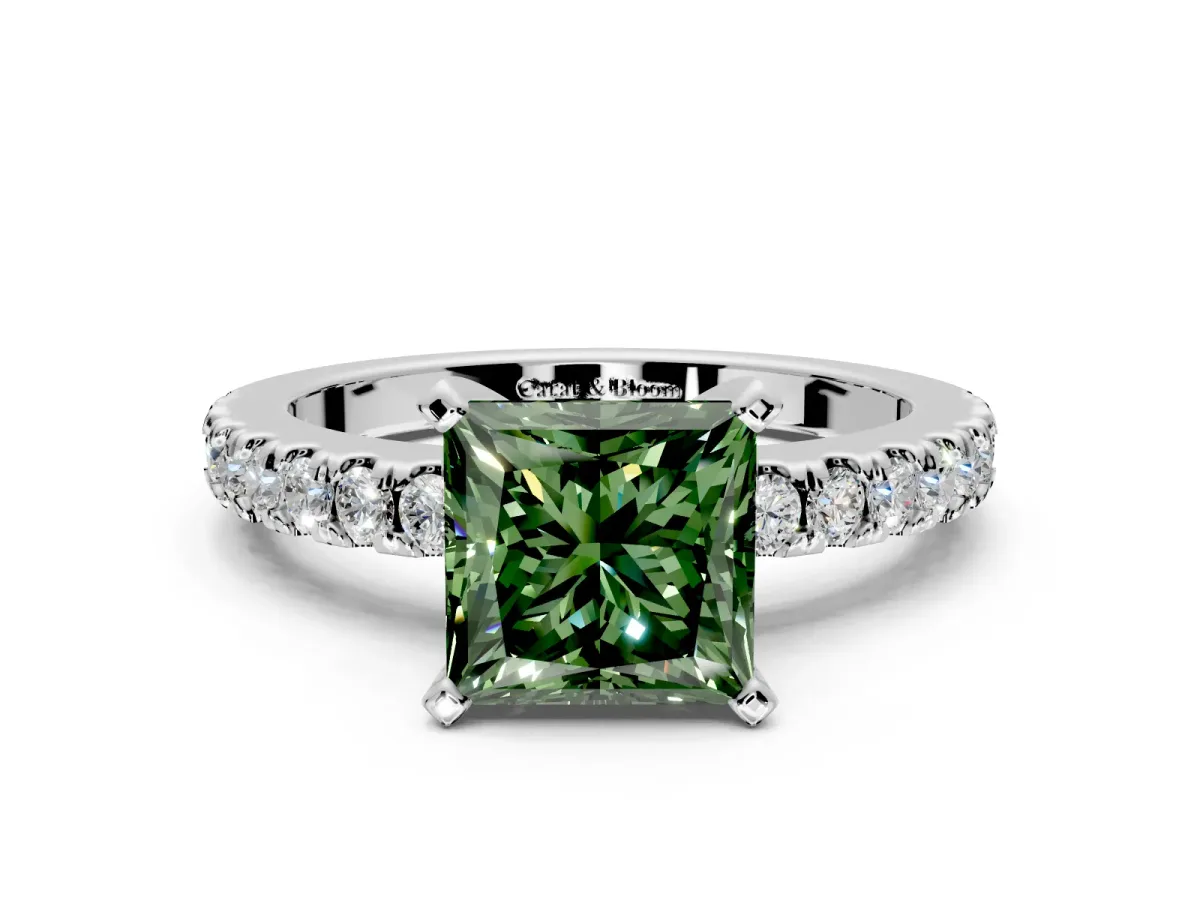 Solitaire Engagement Ring Setting for Fancy Green Princess Cut Center with Single Row Accent Band and Prong Head in White Gold