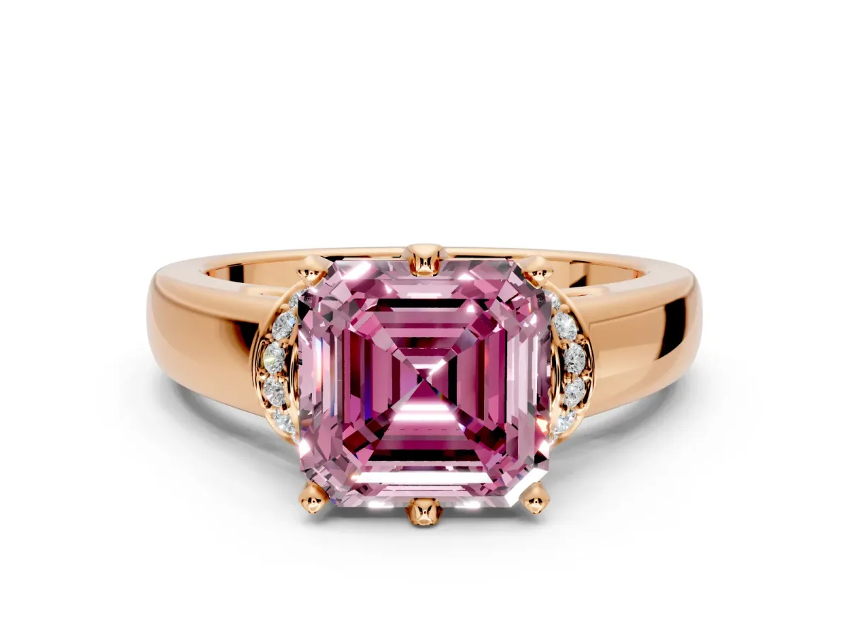 Solitaire Engagement Ring Setting for Fancy Pink Asscher Cut Center with Wide Band, Pave Collar and Prong Head in Rose Gold