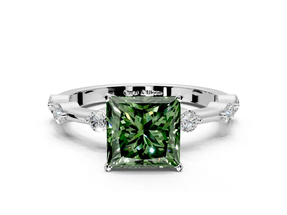 Solitaire Engagement Ring Setting for Fancy Green Princess Cut Center with Bezel Station Band and Prong Head in Platinum