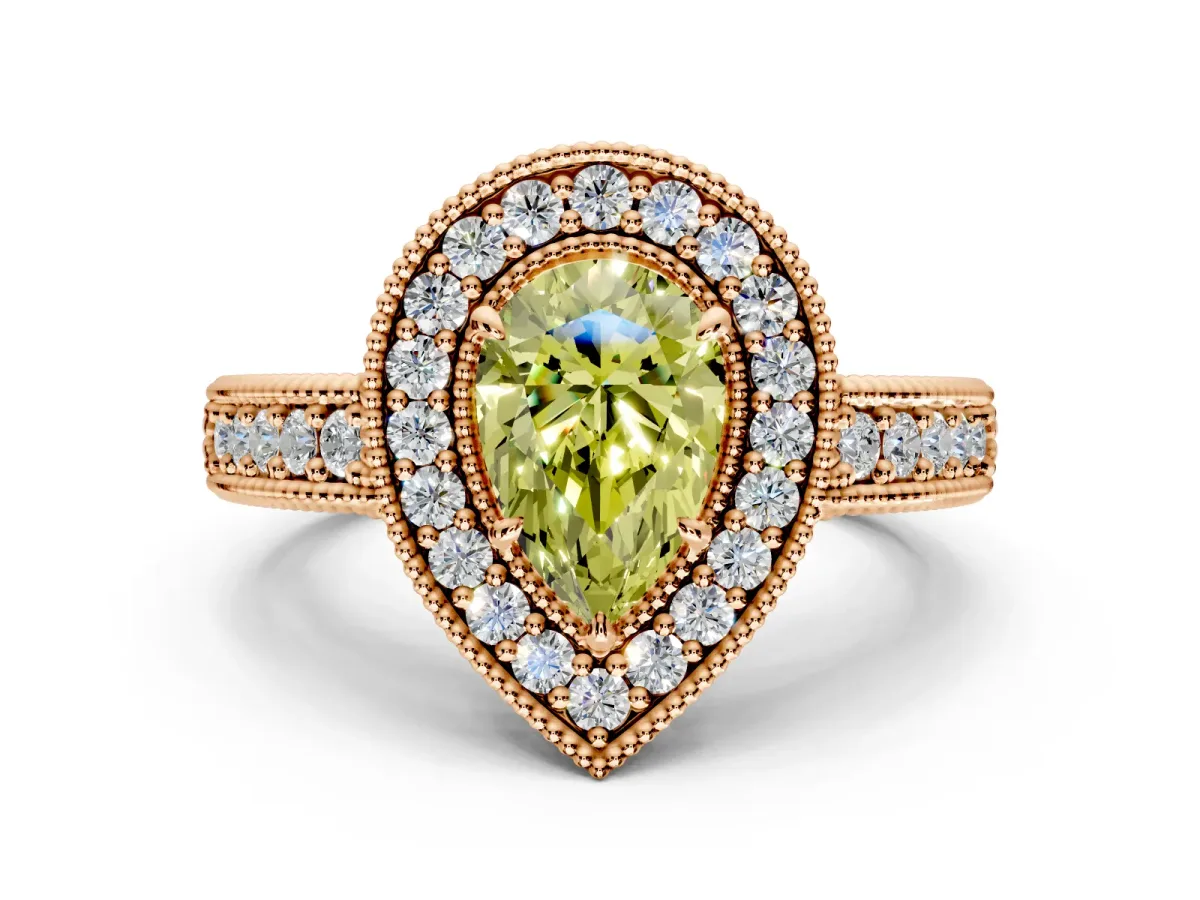 Milgrain Halo Engagement Ring Setting for Fancy Yellow Pear-Shaped Center with Pave Band and Prong Head in Rose Gold