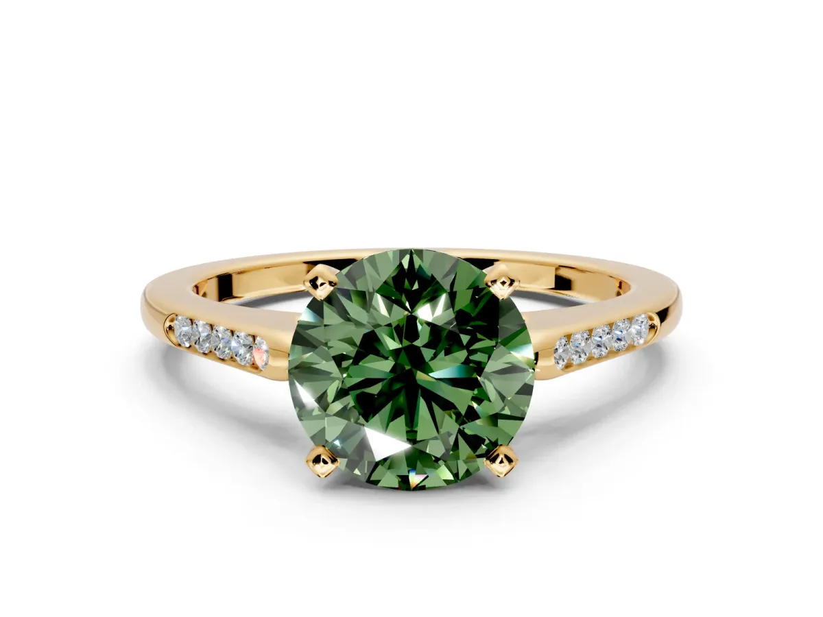 Solitaire Engagement Ring Setting for Fancy Green Round Cut Center with Channel Accents and Prong Head in Yellow Gold