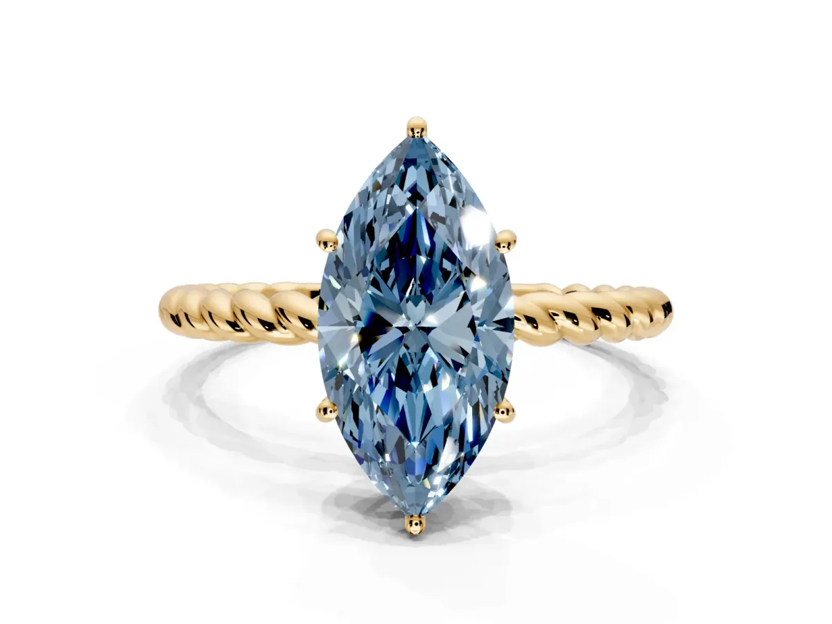 Solitaire Engagement Ring Setting for Fancy Blue Marquise Center with Plain Twisted Rope Band and Prong Head in Yellow Gold