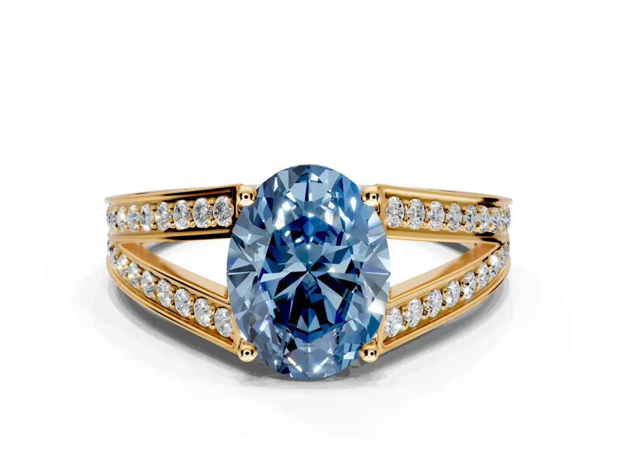 Split Shank Engagement Ring Setting for Fancy Blue Oval Center with Pave Split Shank and Prong Head in Yellow Gold