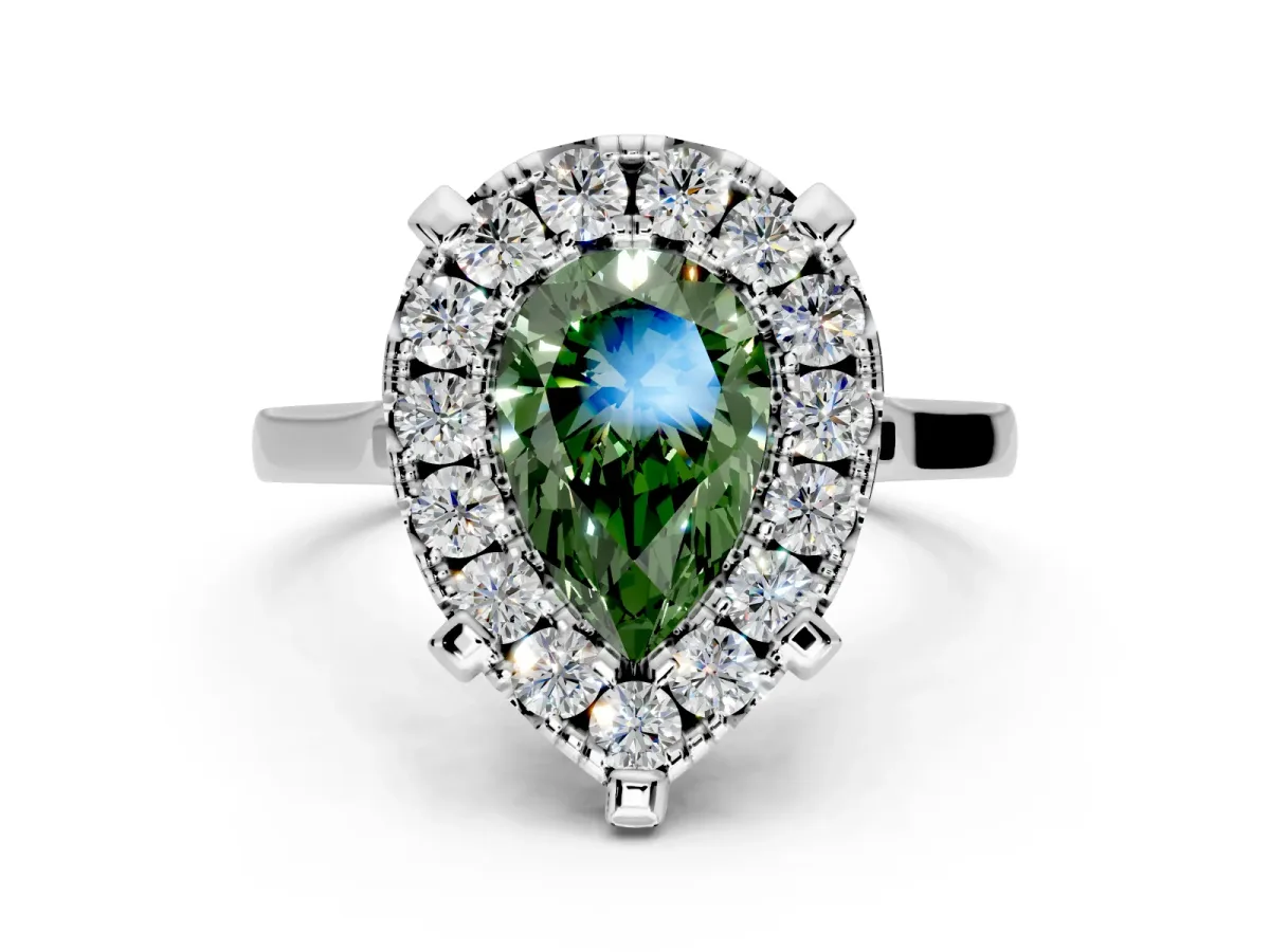 Single Halo Engagement Ring Setting for Fancy Green Pear-Shaped Center with Corner Claws, Plain Band and Prong Head in Platinum
