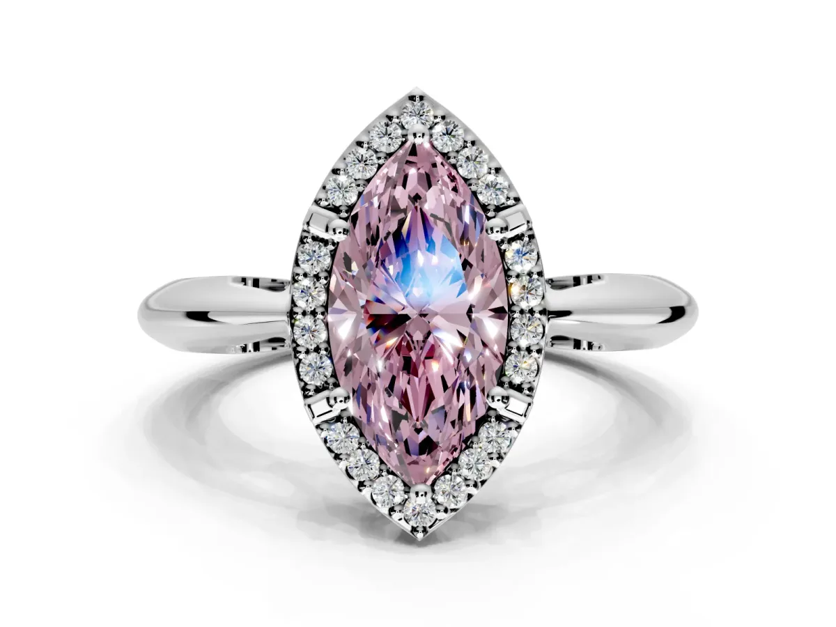 Halo Engagement Ring Setting for Fancy Pink Marquise Center with Tapered Plain Band and Prong Head in Platinum