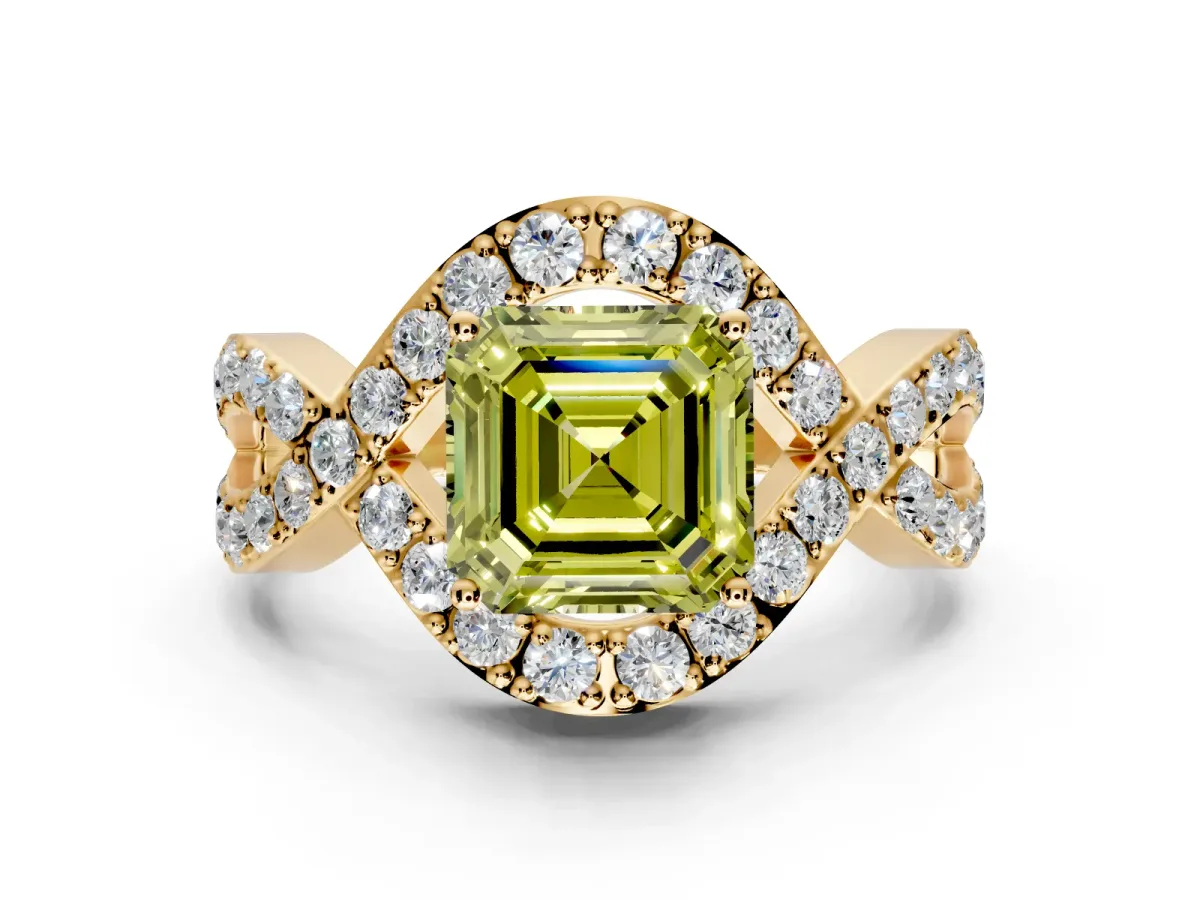 Halo Engagement Ring Setting for Fancy Yellow Asscher Cut Center with Pave Infinity Twist Band and Prong Head in Yellow Gold