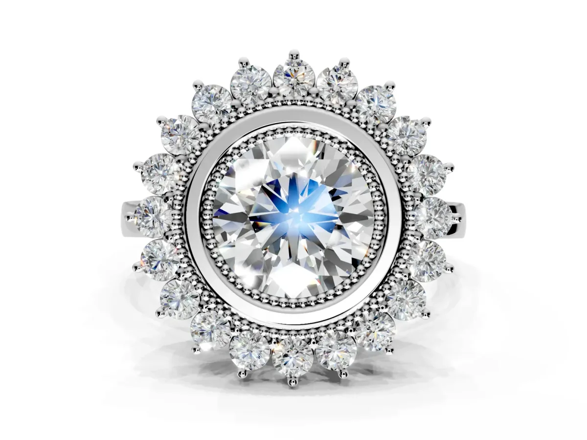 Halo Engagement Ring Setting for Round Cut Center with Milgrain Bezel Rim, Plain Band and Prong Head in Platinum