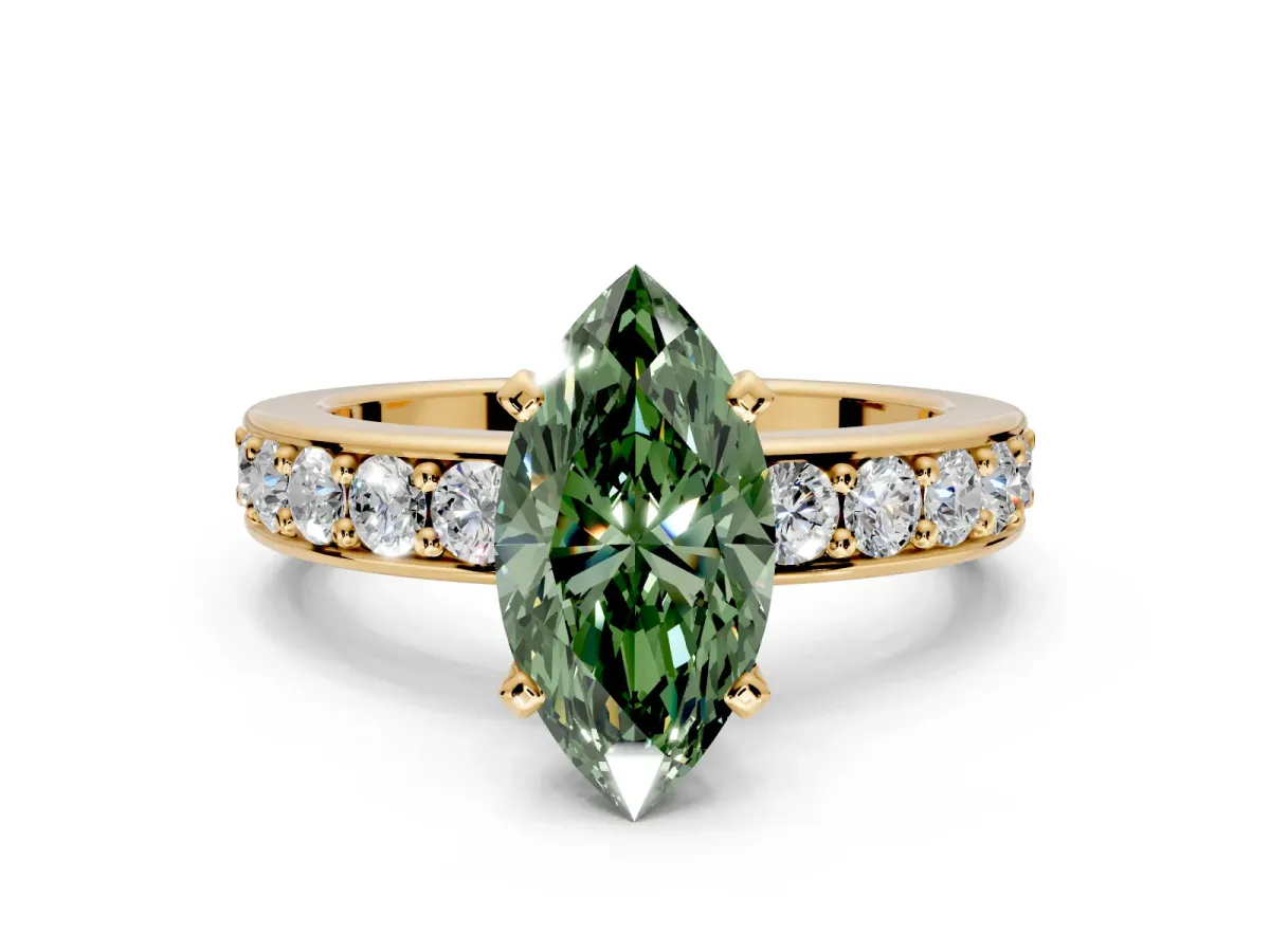 Solitaire Engagement Ring Setting for Fancy Green Marquise Center with Channel-Set Accents and Prong Head in Yellow Gold