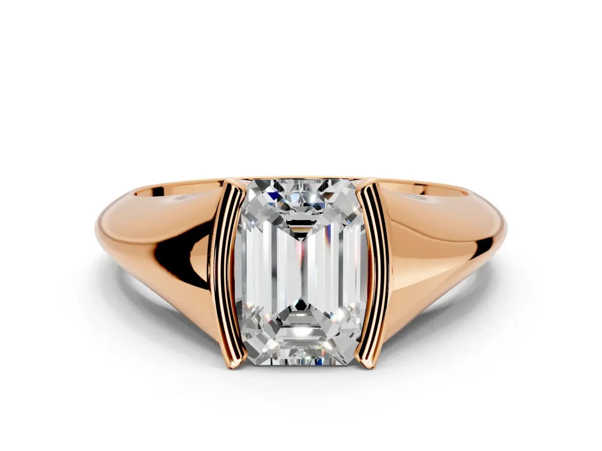 Tension Engagement Ring Setting for Emerald Cut Center with Wide Tapered Band and Tension Head in Rose Gold
