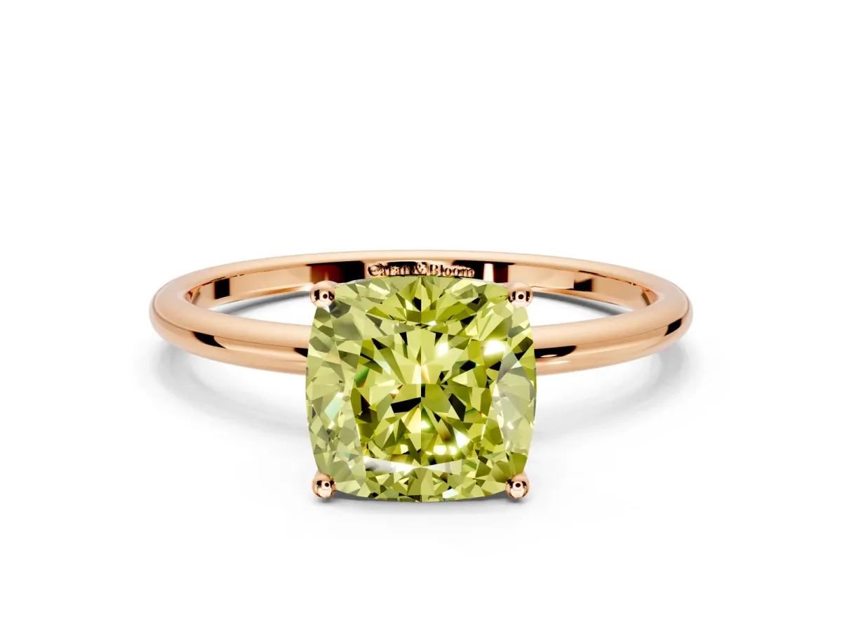Solitaire Engagement Ring Setting for Fancy Yellow Cushion Cut Center with Straight Thin Band and Prong Head in Rose Gold