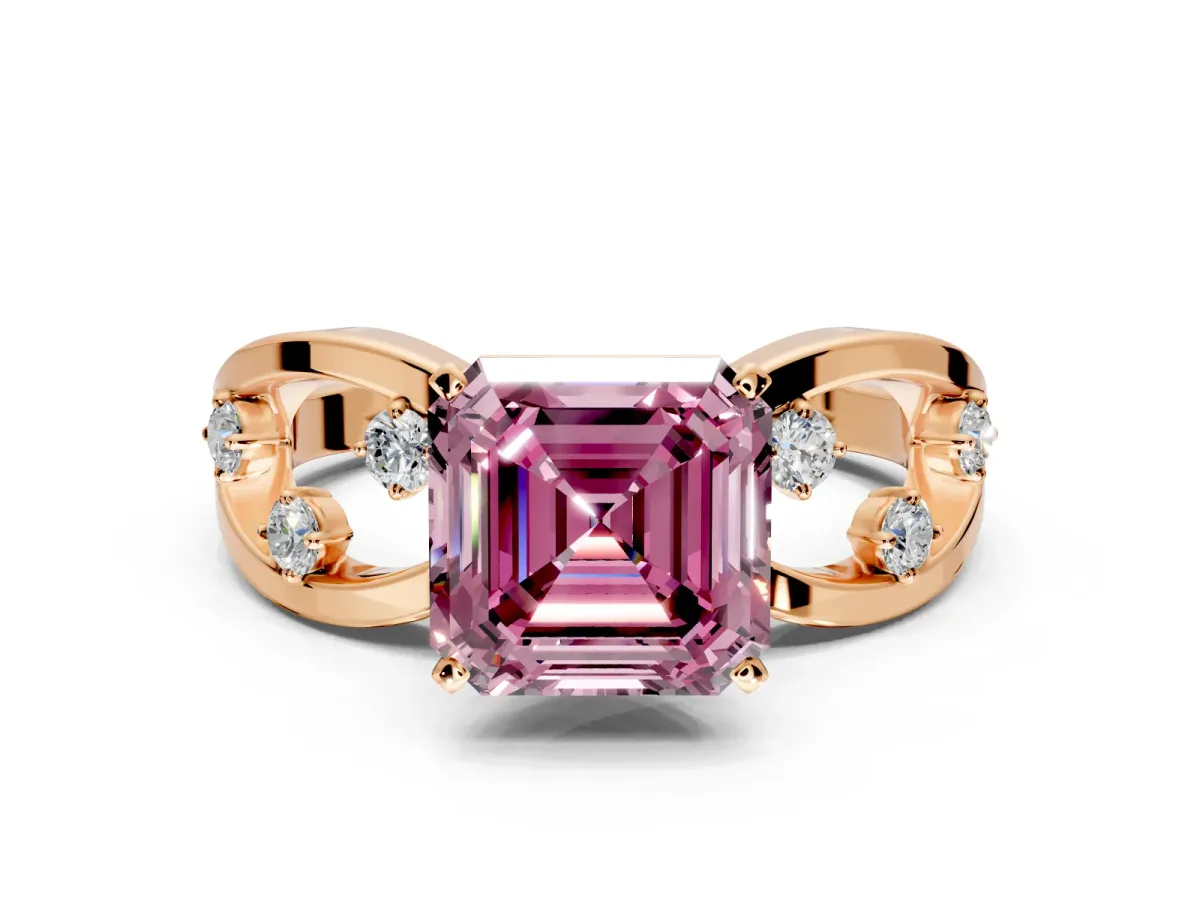 Solitaire Engagement Ring Setting for Fancy Pink Asscher Cut Center with Criss-Cross Accent Band and Prong Head in Rose Gold