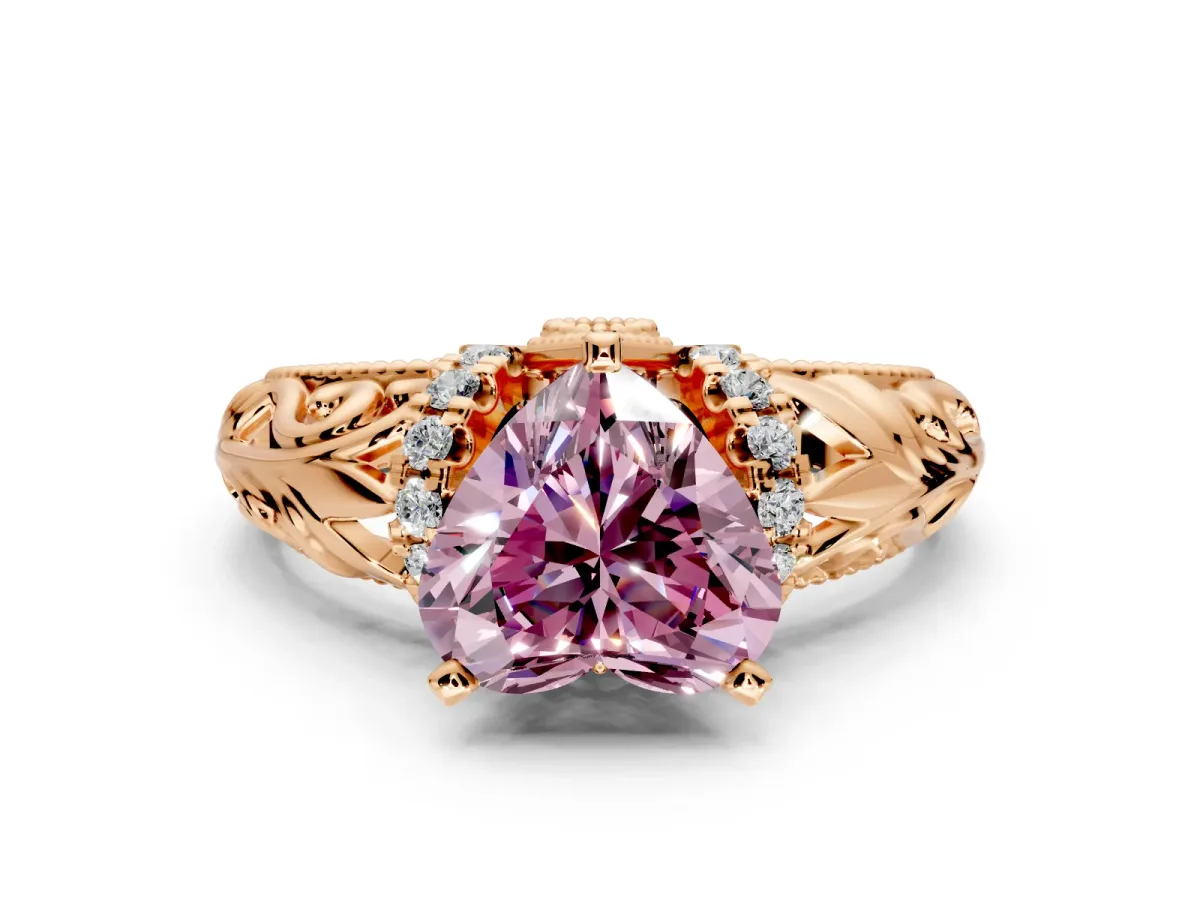 Solitaire Engagement Ring Setting for Fancy Pink Heart-Shaped Center with Filigree Accent Basket and Prong Head in Rose Gold