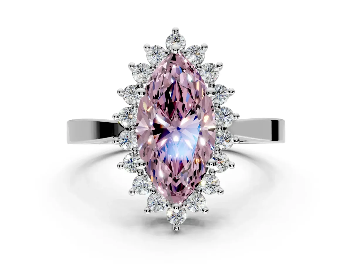 Starburst Halo Engagement Ring Setting for Fancy Pink Marquise Center with Flat Cathedral Band and Prong Head in White Gold