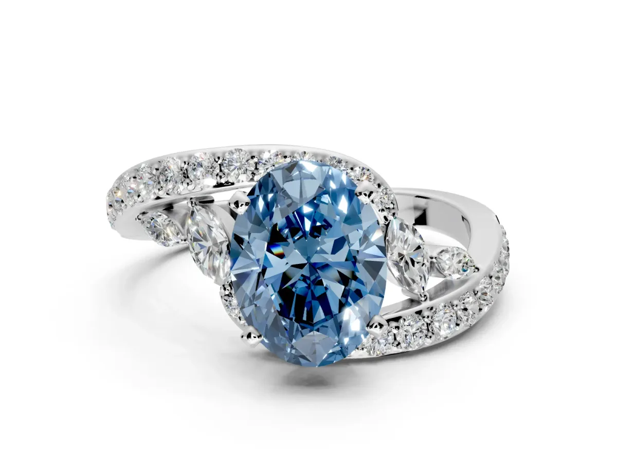 Solitaire Engagement Ring Setting for Fancy Blue Oval Center with Pave Bypass Twist Band and Prong Head in Sterling Silver