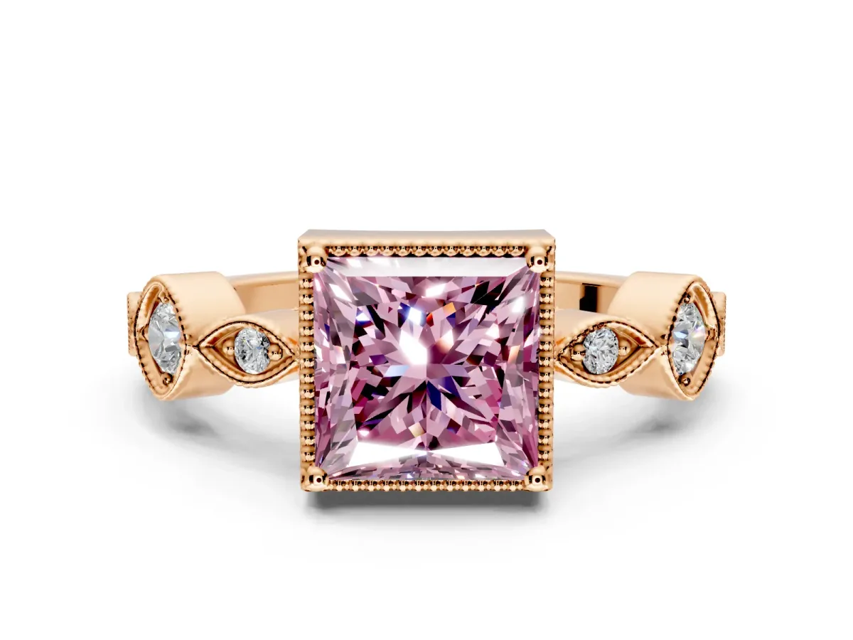 Vintage Station Engagement Ring Setting for Fancy Pink Princess Cut Center with Accents and Prong Head in Rose Gold