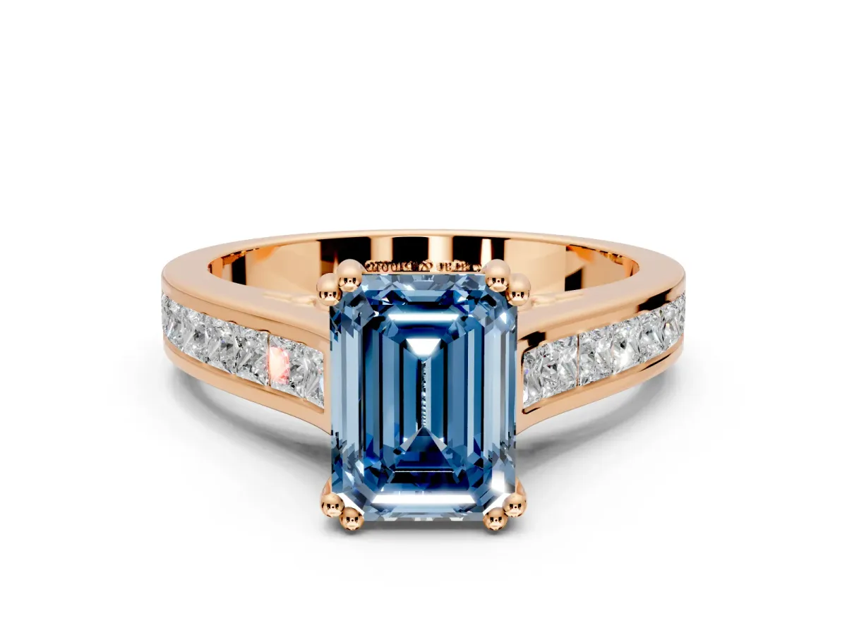 Solitaire Engagement Ring Setting for Fancy Blue Emerald Cut Center with Channel Band and Double Claw Prong Head in Rose Gold