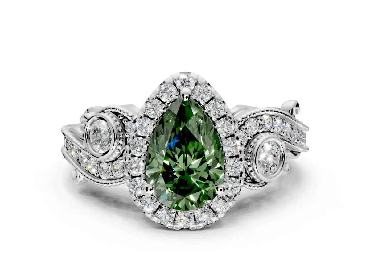 Milgrain Halo Engagement Ring Setting for Fancy Green Pear-Shaped Center with Shoulder Bezels and Prong Head in White Gold