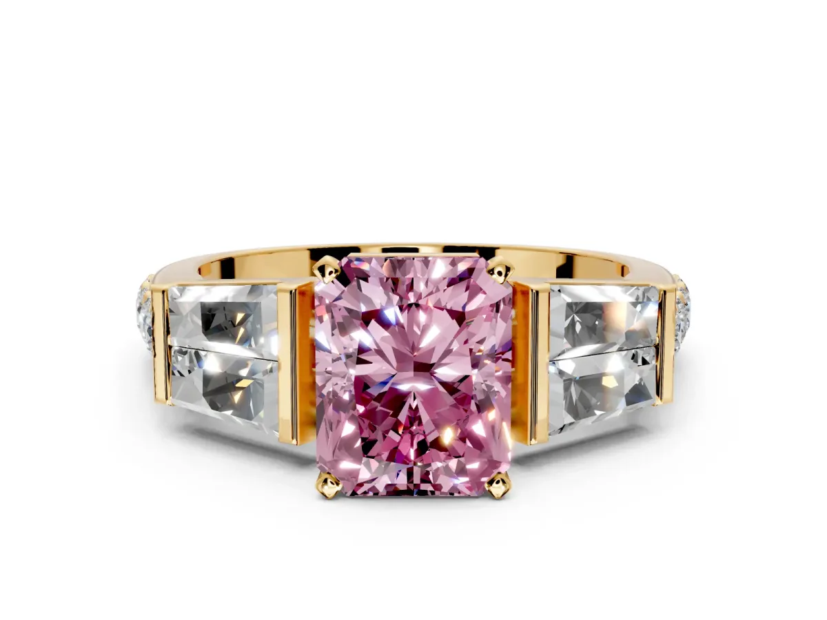Channel-Set Engagement Ring Setting for Fancy Pink Radiant Cut Center with Baguette Band and Prong Head in Yellow Gold