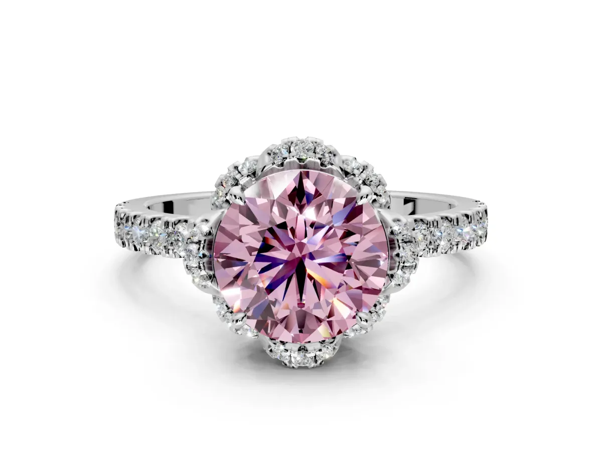 Halo Engagement Ring Setting for Fancy Pink Round Cut Center with Openwork Halo, Pave Band and Prong Head in Platinum