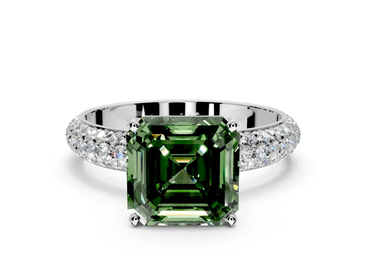 Solitaire Engagement Ring Setting for Fancy Green Asscher Cut Center with Domed Multi-Row Pave Band and Prong Head in Sterling Silver