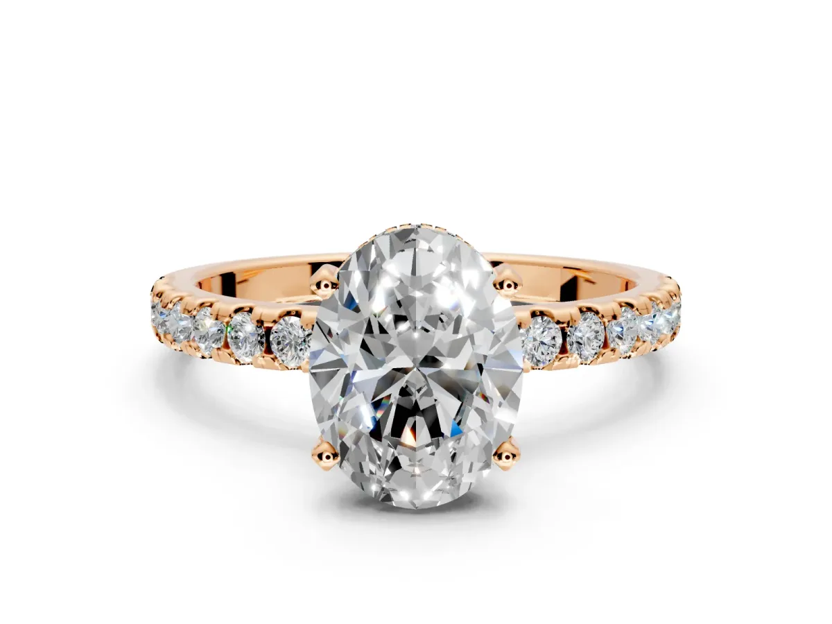 Solitaire Engagement Ring Setting for Oval Center with Band of Accents and Prong Head in Rose Gold