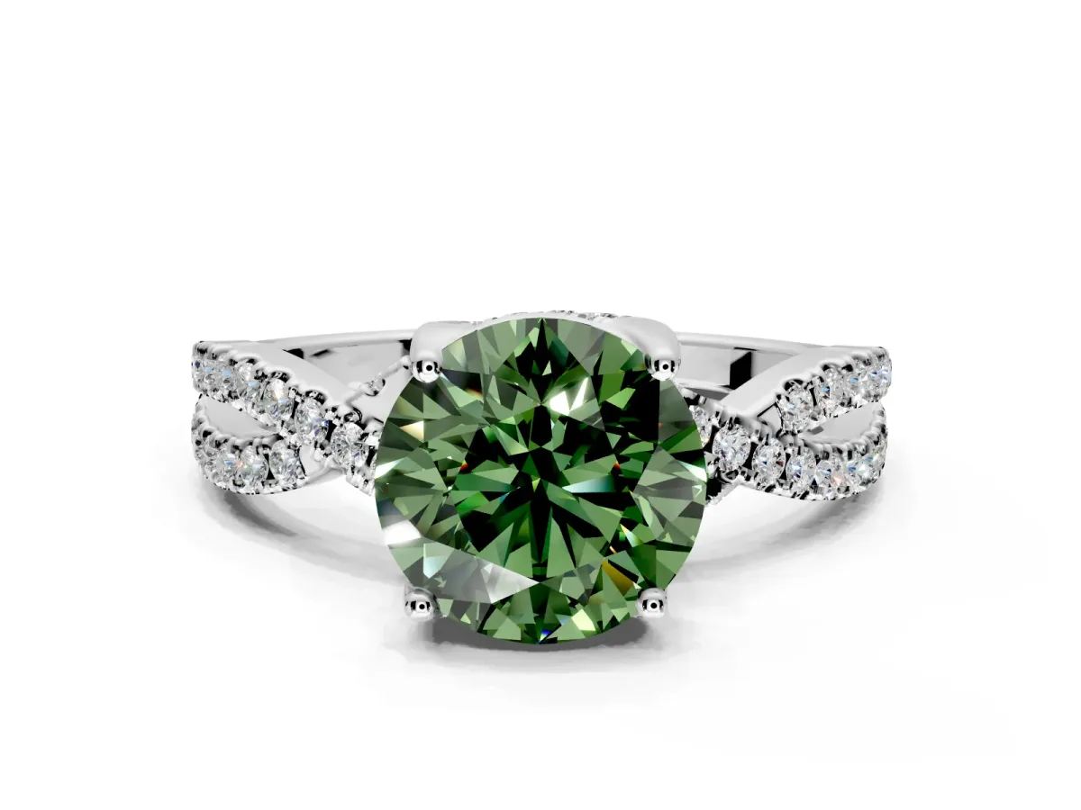 Solitaire Engagement Ring Setting for Fancy Green Round Cut Center with Narrow Twist Pave Band and Prong Head in White Gold