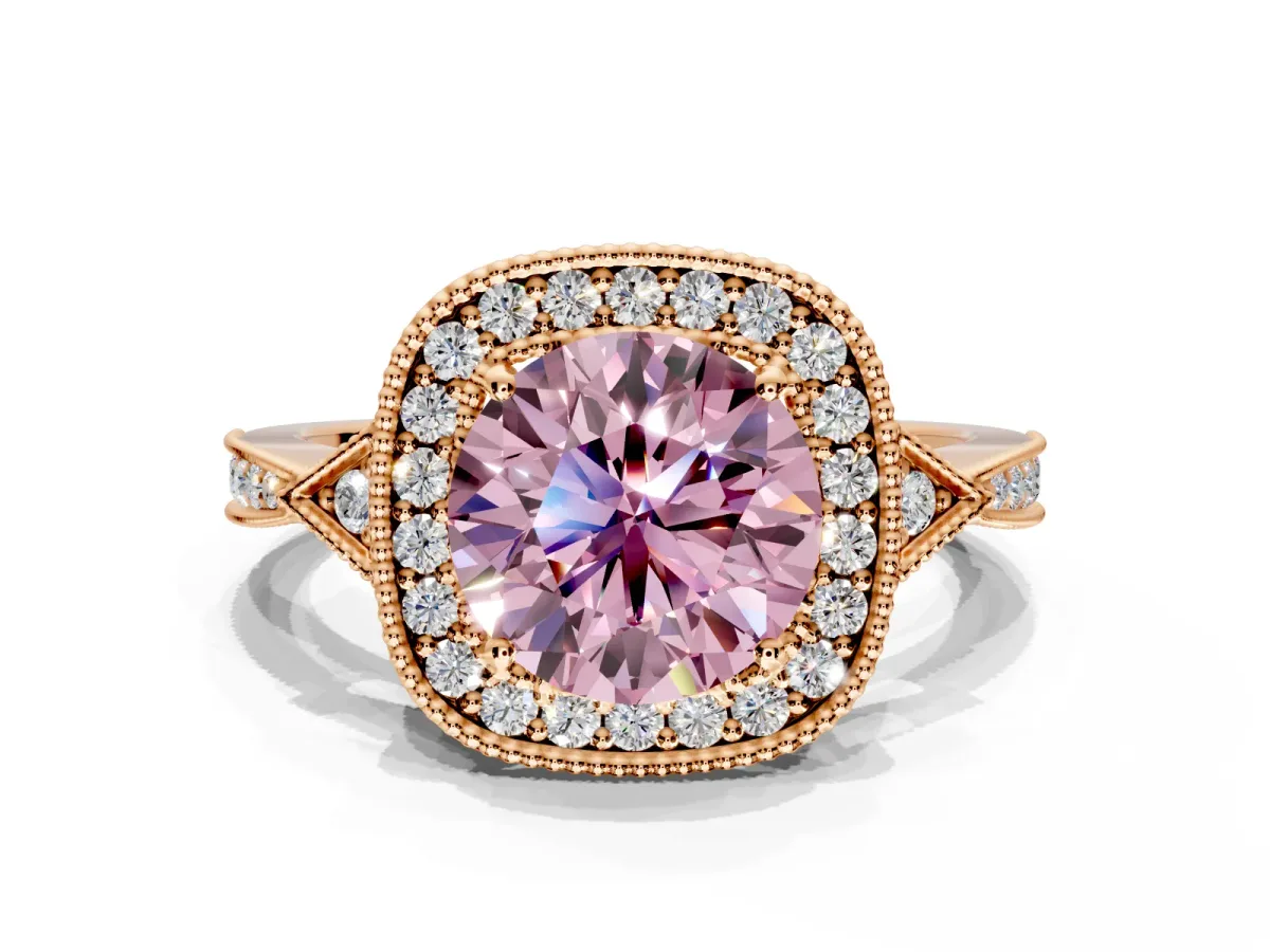 Halo Engagement Ring Setting for Fancy Pink Round Cut Center with Milgrain Rim, Pave Band and Prong Head in Rose Gold