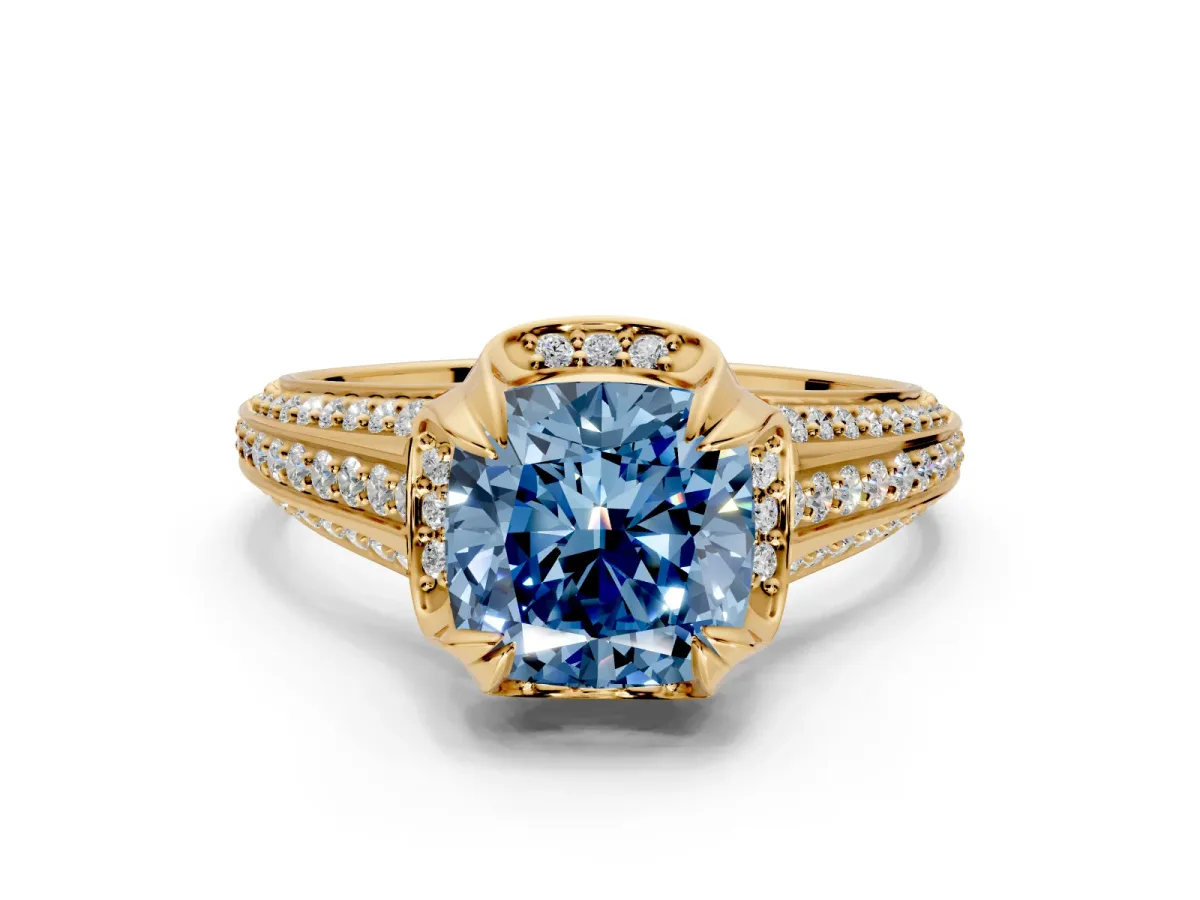 Solitaire Engagement Ring Setting for Fancy Blue Cushion Cut Center with Accented Split Shank and Prong Head in Yellow Gold