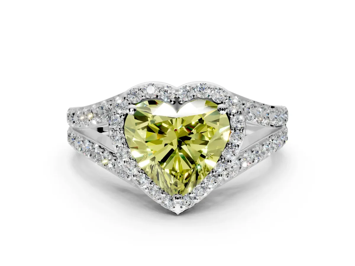Halo Engagement Ring Setting for Fancy Yellow Heart-Shaped Center with Narrow Pave Split Shank and Prong Head in Sterling Silver