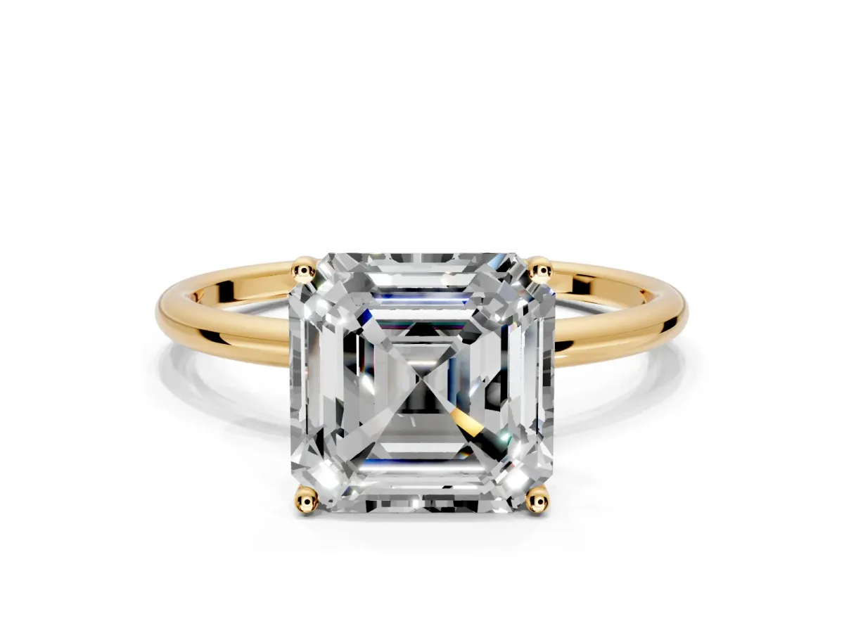 Solitaire Engagement Ring Setting for Asscher Cut Center with Straight Thin Band and Prong Head in Yellow Gold