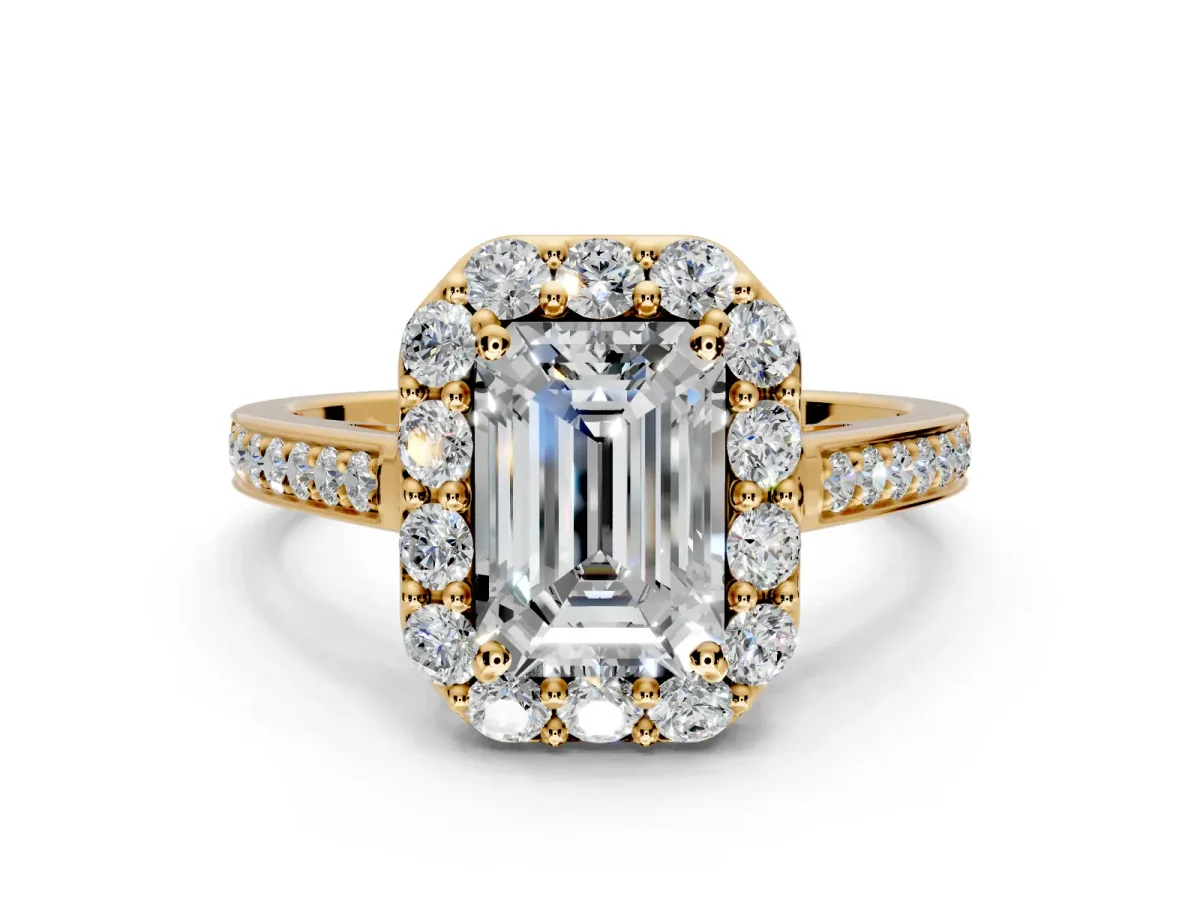 Floral Halo Engagement Ring Setting for Emerald Cut Center with Large Halo Accents and Prong Head in Yellow Gold