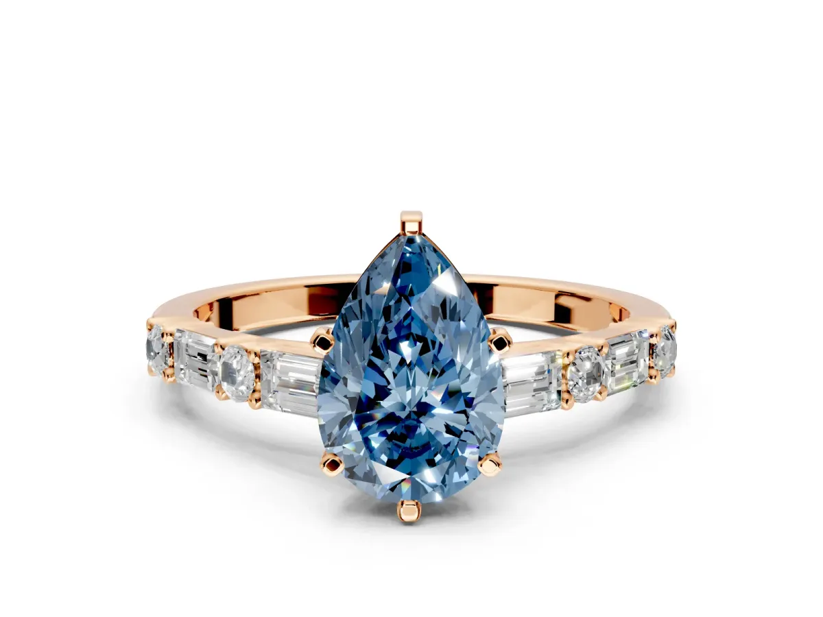 Baguette Engagement Ring Setting for Fancy Blue Pear-Shaped Center with Alternating Bar-Set Band and Prong Head in Rose Gold