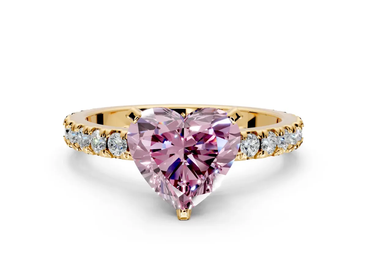 Solitaire Engagement Ring Setting for Fancy Pink Heart-Shaped Center with Fine Pave Band and Claw Prong Head in Yellow Gold