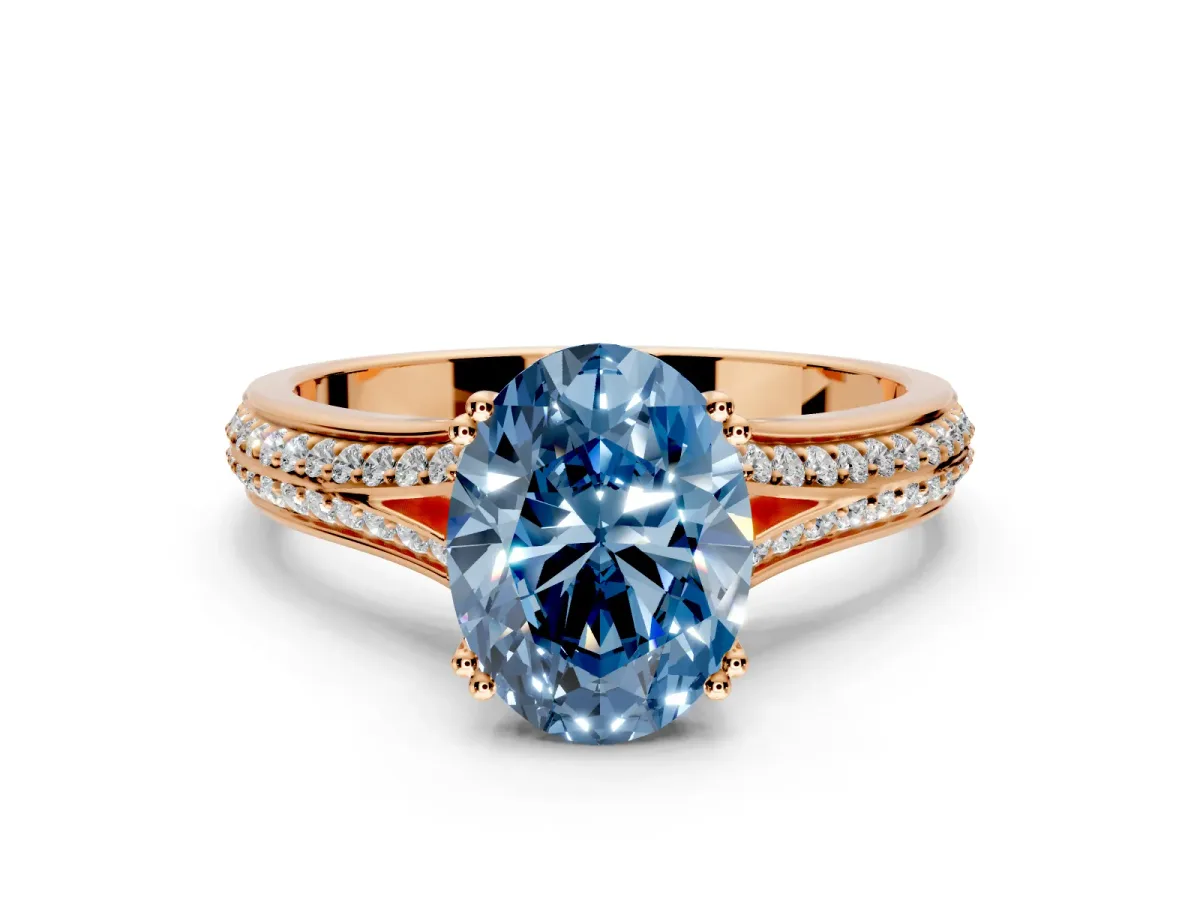 Solitaire Engagement Ring Setting for Fancy Blue Oval Center with Pave Rail Split Shank and Prong Head in Rose Gold