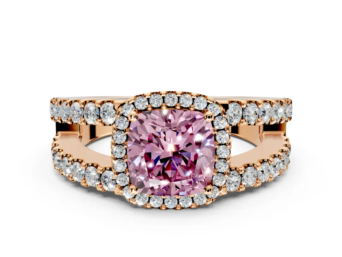 Halo Engagement Ring Setting for Fancy Pink Cushion Cut Center with Wide-Open Pave Split Shank and Prong Head in Rose Gold