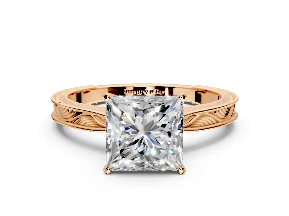 Solitaire Engagement Ring Setting for Princess Cut Center with Engraved Milgrain Band and Prong Head in Rose Gold