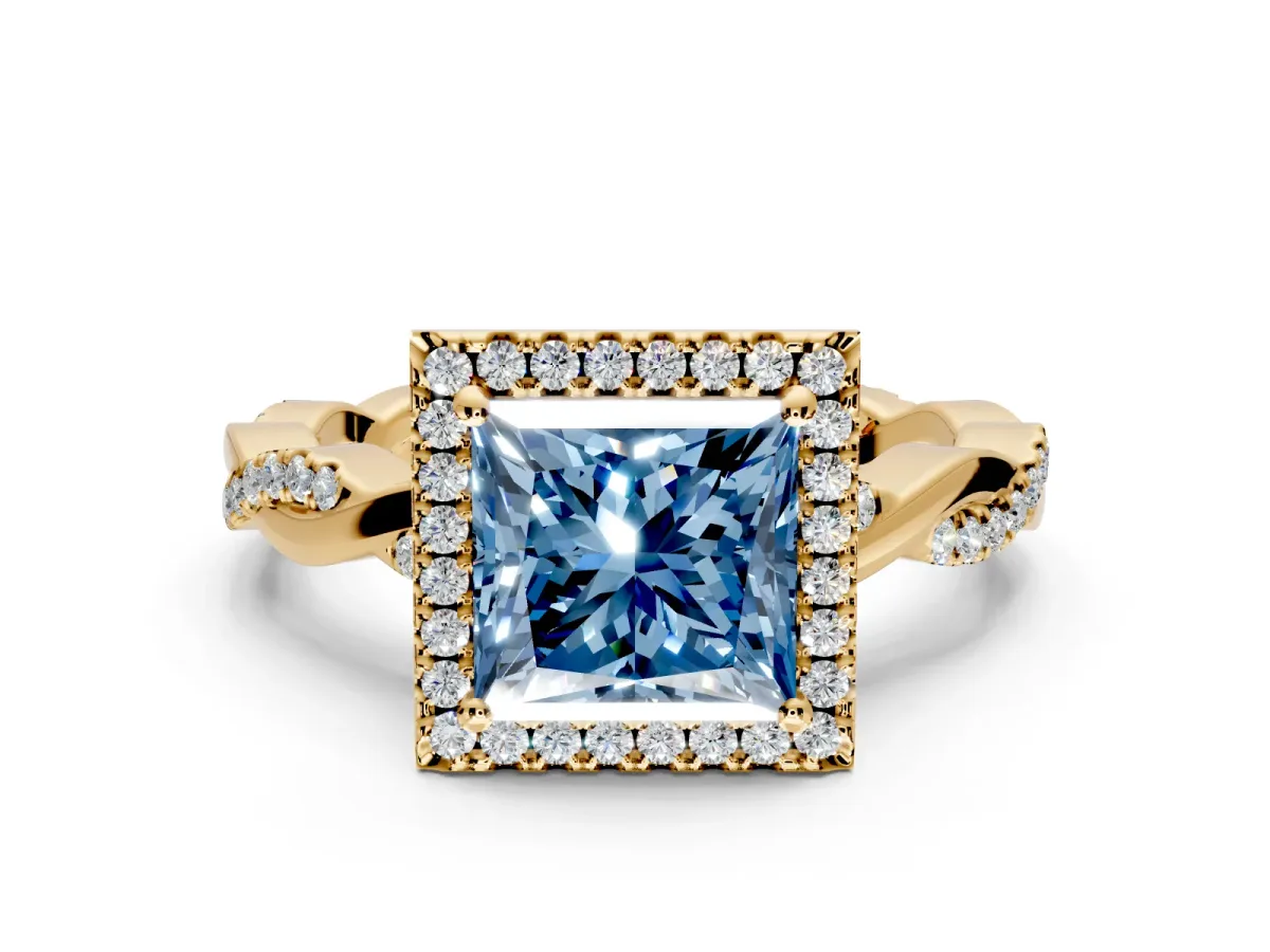 Halo Engagement Ring Setting for Fancy Blue Princess Cut Center with Pave and Plain Twist Band and Prong Head in Yellow Gold