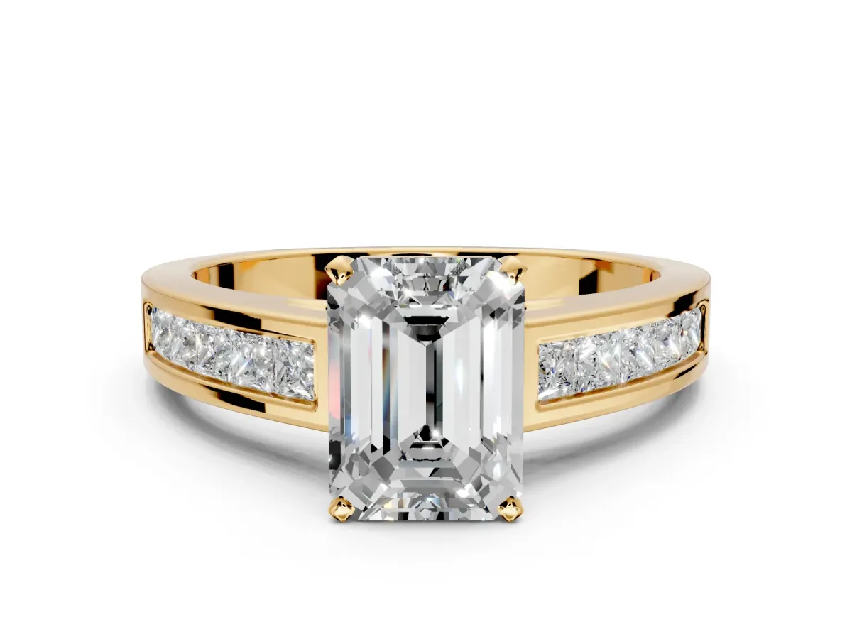 Solitaire Engagement Ring Setting for Emerald Cut Center with Princess Cut Channel Band and Prong Head in Yellow Gold