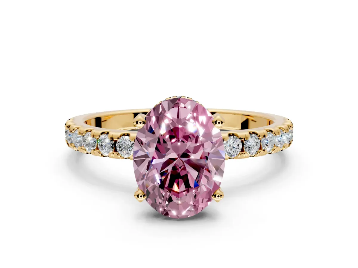 Solitaire Engagement Ring Setting for Fancy Pink Oval Center with Band of Accents and Prong Head in Yellow Gold