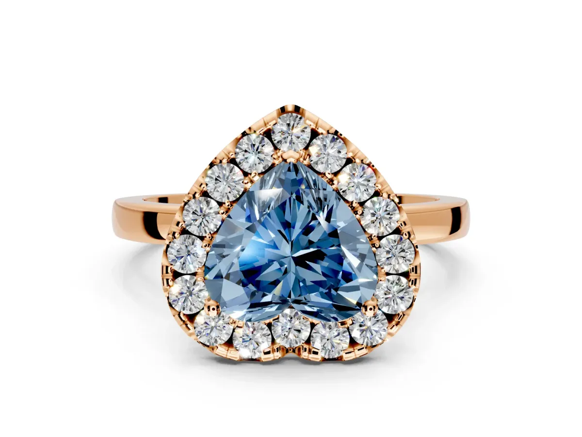 Halo Engagement Ring Setting for Fancy Blue Heart-Shaped Center with Thin Plain Band and Prong Head in Rose Gold