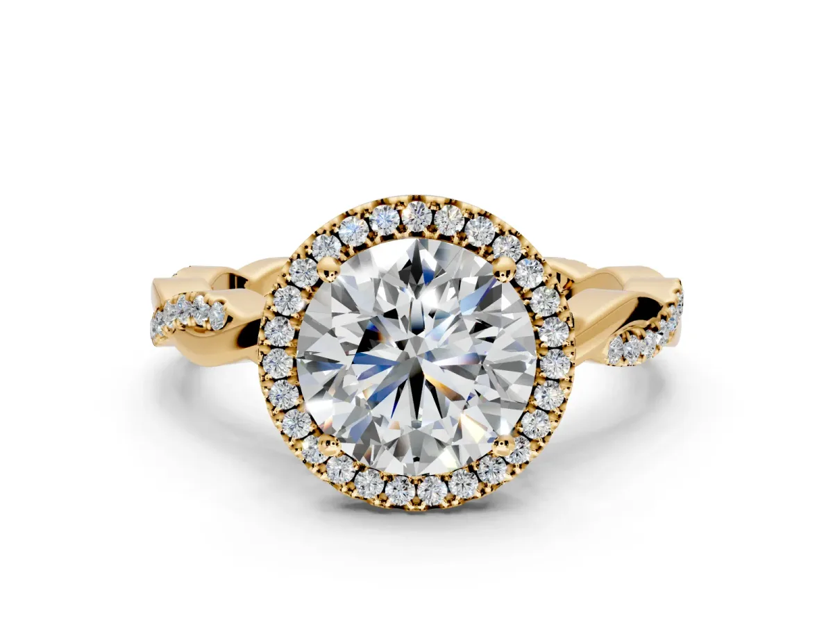 Halo Engagement Ring Setting for Round Cut Center with Pave and Plain Twist Band and Prong Head in Yellow Gold