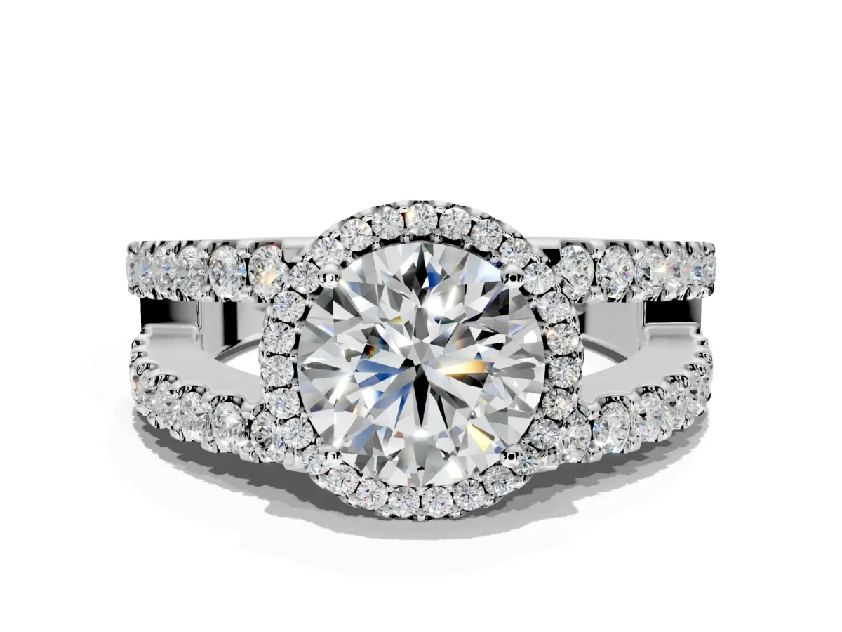 Halo Engagement Ring Setting for Round Cut Center with Wide-Open Pave Split Shank and Prong Head in Platinum