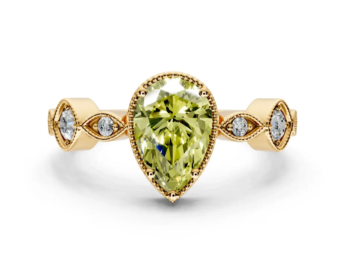 Vintage Station Engagement Ring Setting for Fancy Yellow Pear-Shaped Center with Accents and Prong Head in Yellow Gold
