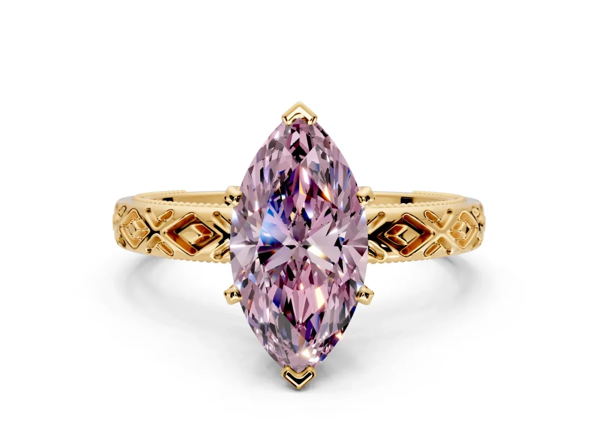 Solitaire Engagement Ring Setting for Fancy Pink Marquise Center with Milgrain X Pattern Band and Prong Head in Yellow Gold