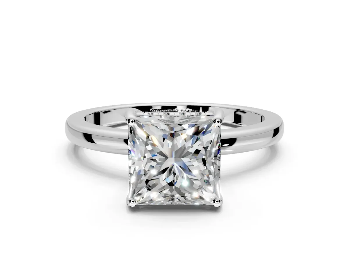 Solitaire Engagement Ring Setting for Princess Cut Center with Fine Wire Band and Prong Head in White Gold